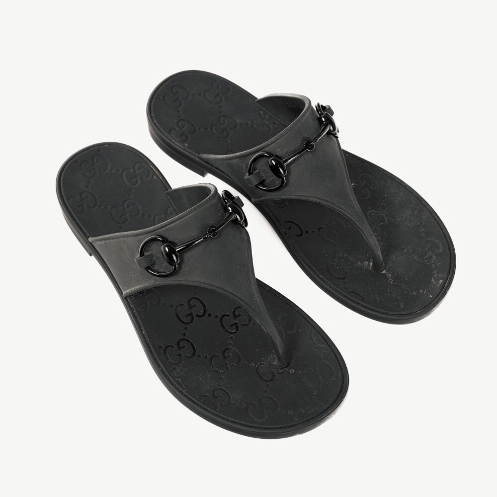 Gucci Black Rubber Horsebit Thong Sandals